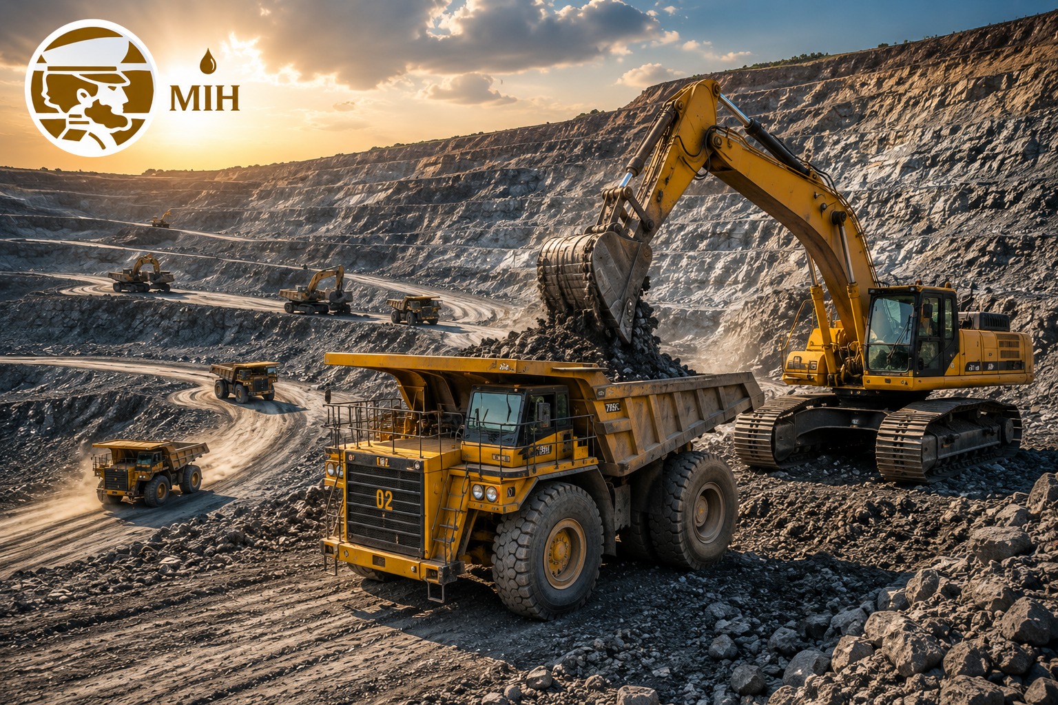 Hydraulic excavator loading a yellow haul truck on a benched open cast mine